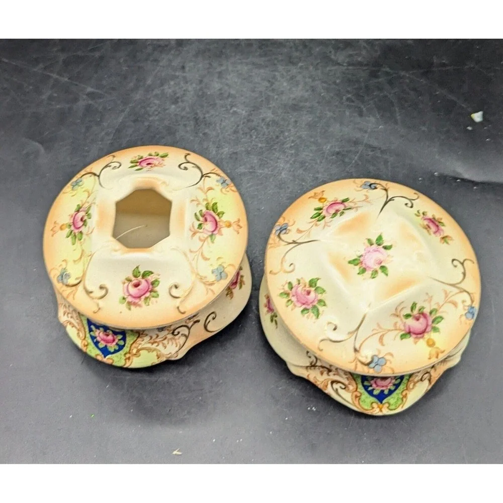 Set/2 Vintage CROWN DUCAL WARE Covered Dresser Box Hair Receiver Verona Rose